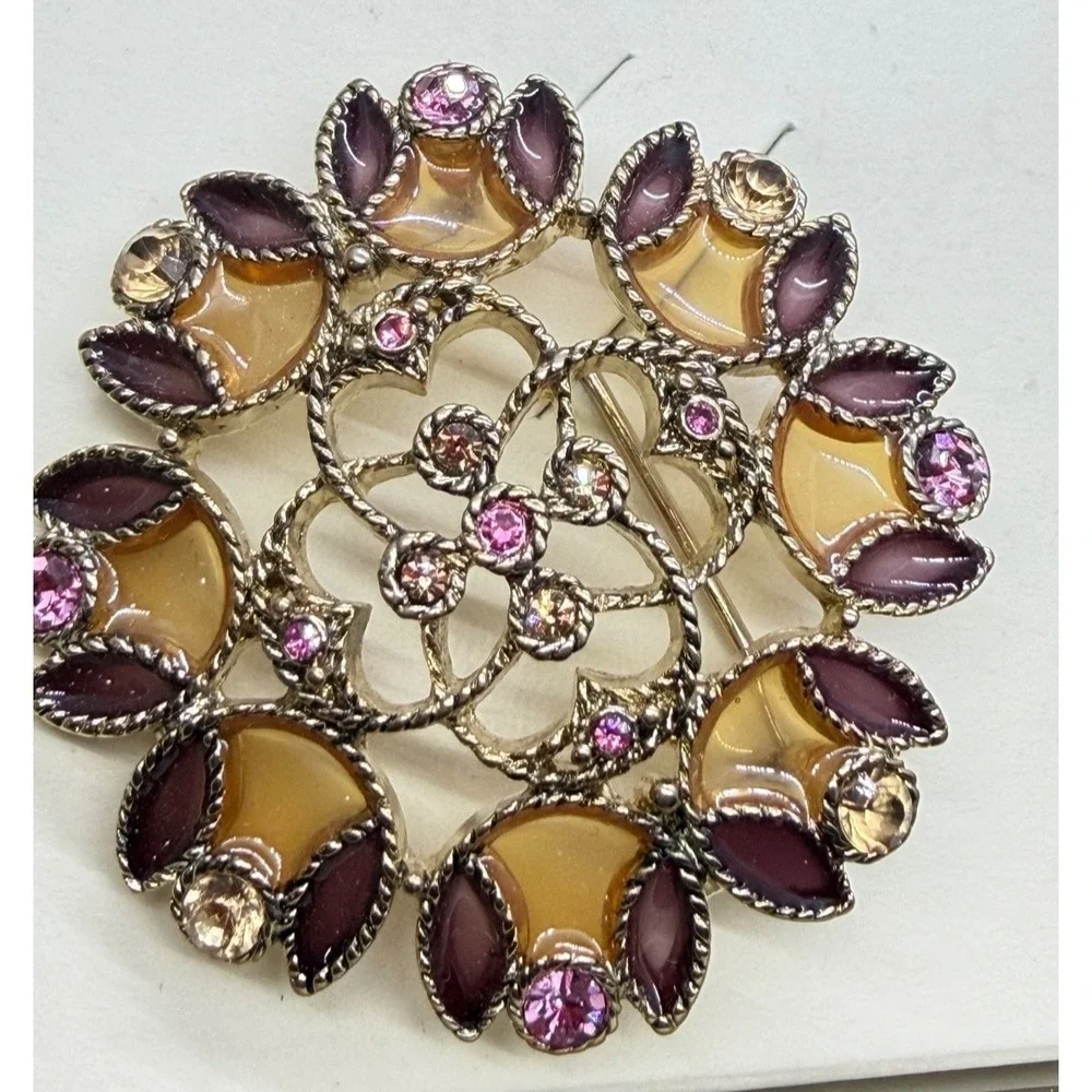 Monet 2 Signed Rhinestone and Enamel Brooch Purple Multi Color Original Box‎ 2